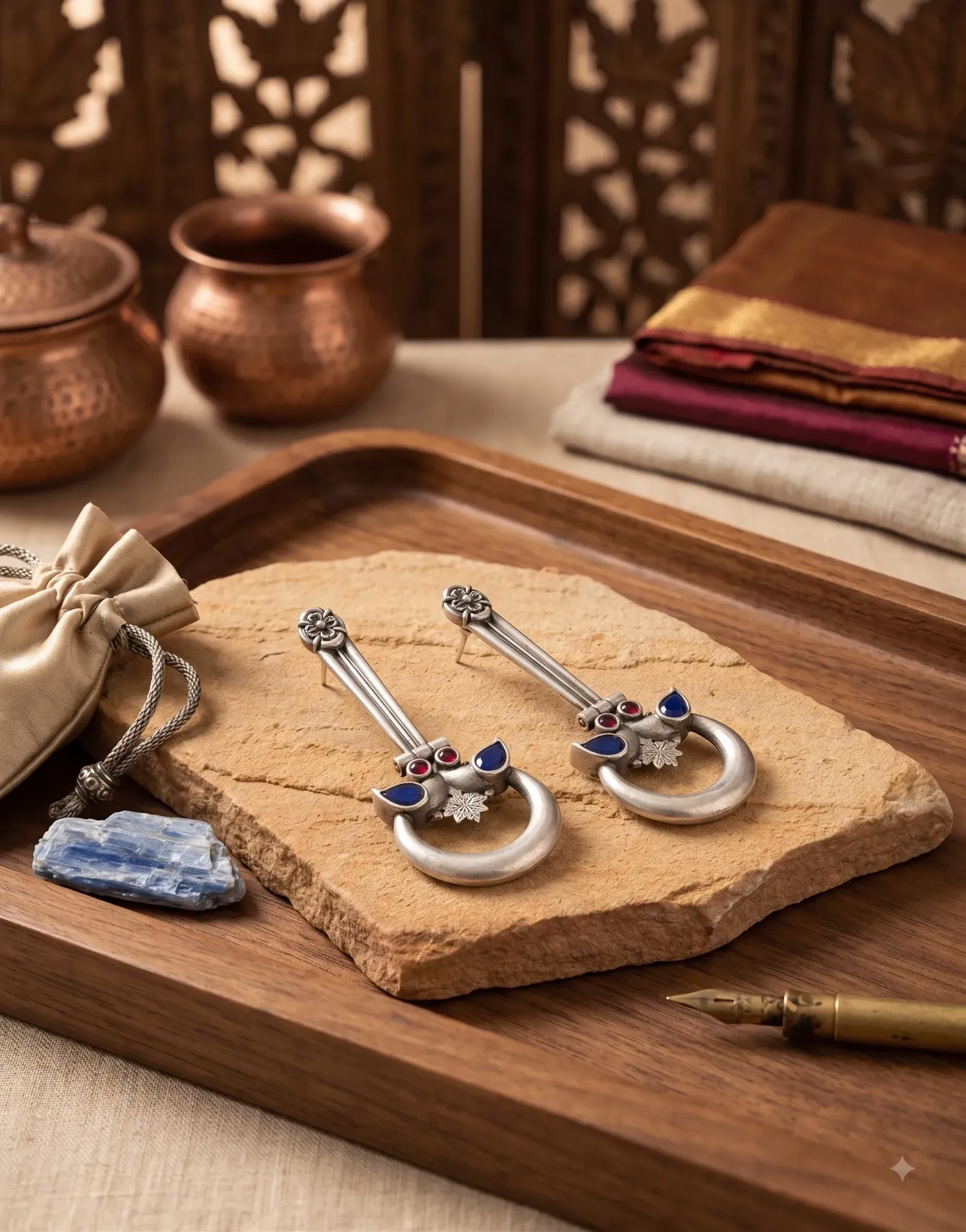 Dual Bird & Crescent Moon Oxidized Earrings