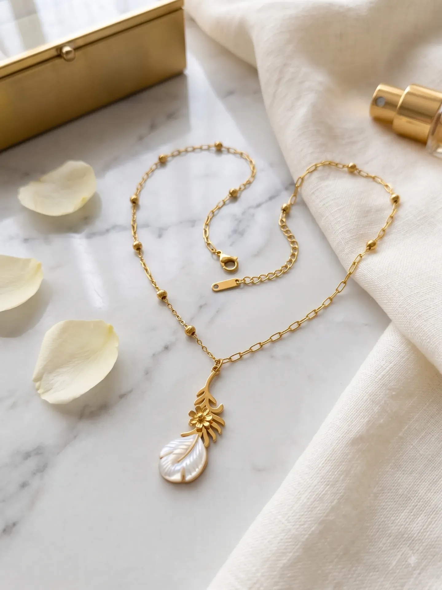 Gold-Tone Leaf & Mother-of-Pearl Shell Drop Necklace