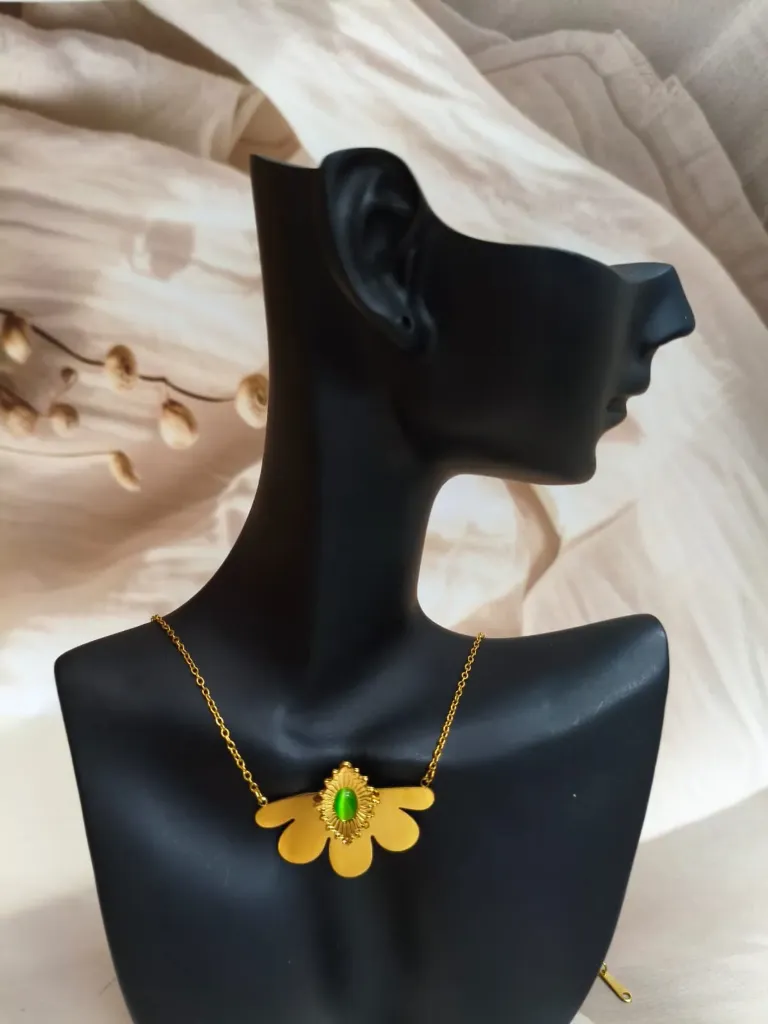 Abstract Lotus Petal Necklace with Emerald Green Stone