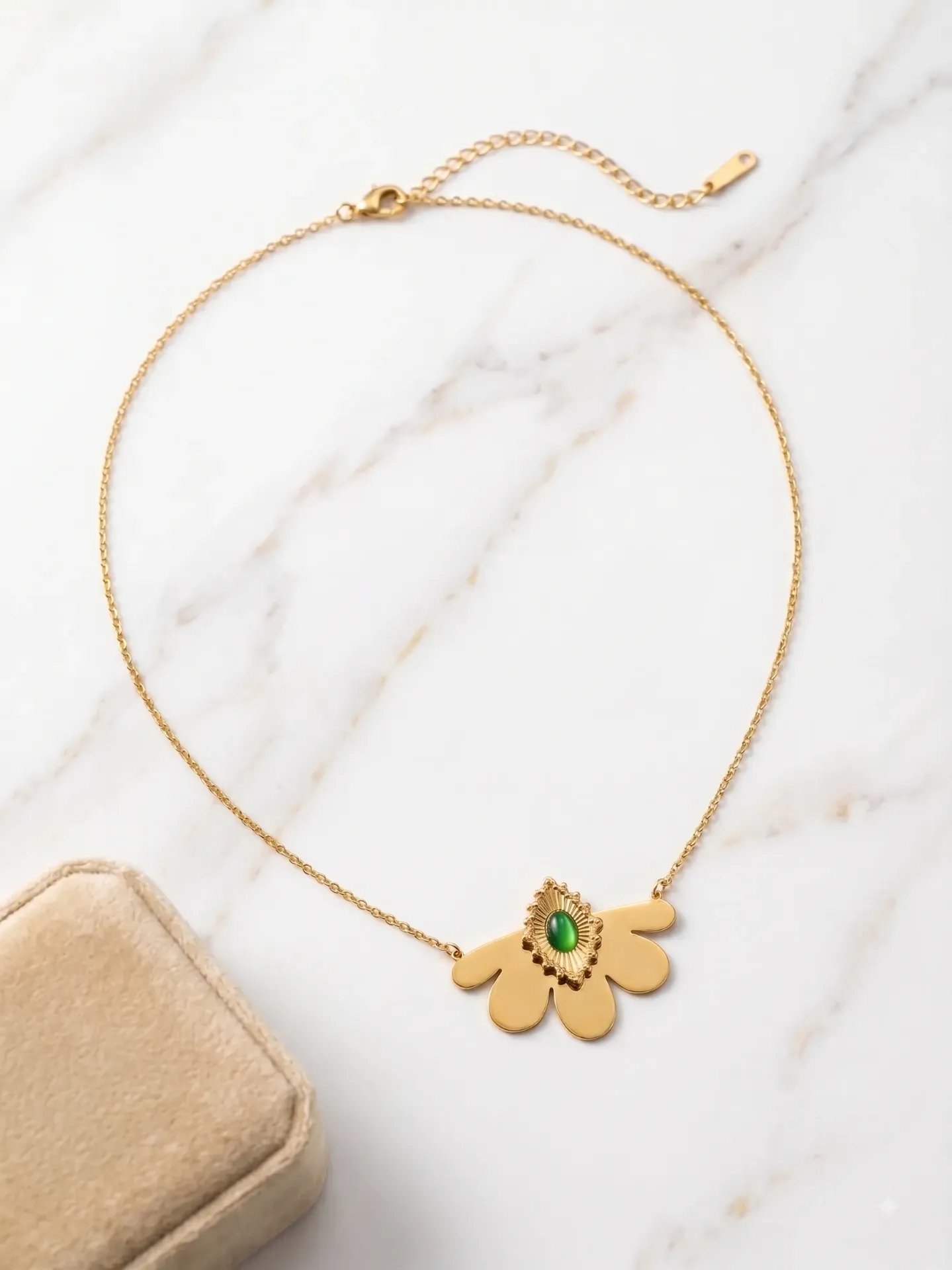 Abstract Lotus Petal Necklace with Emerald Green Stone