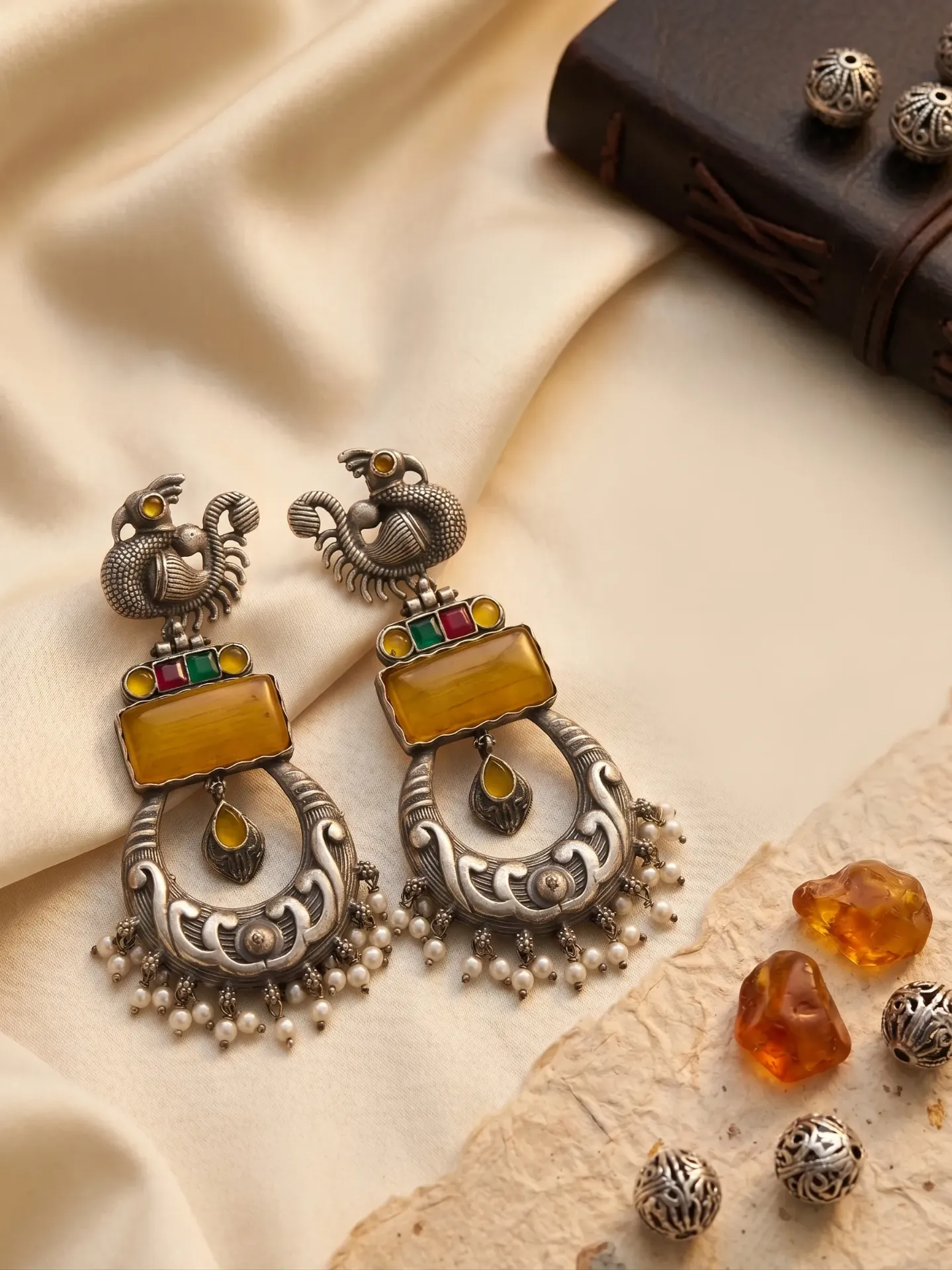 Yellow Ochre & Oxidized Silver Peacock Statement Earrings with Pearl Droplets