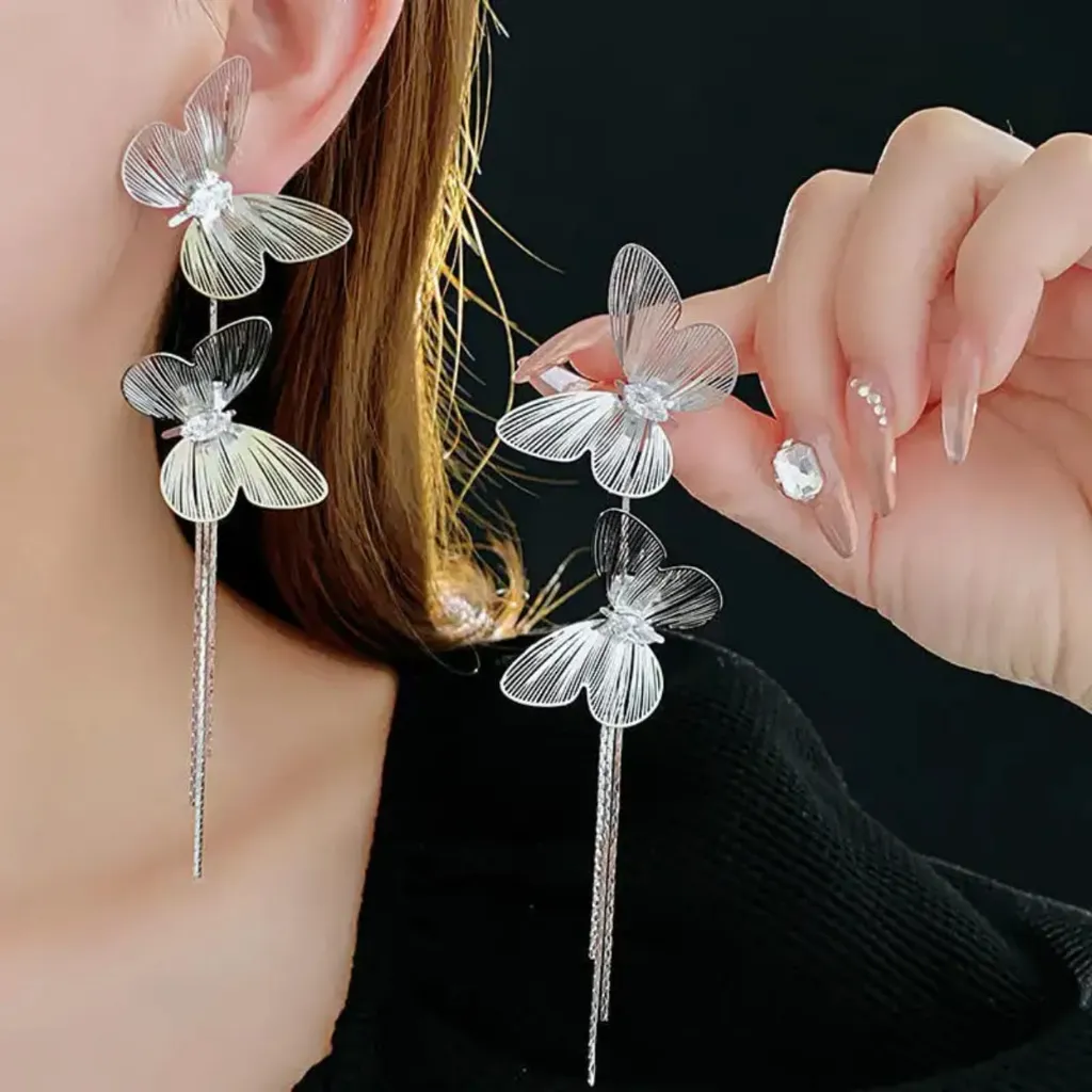 Fashion Trend Elegant Delicate Butterfly Long Tassel Earrings