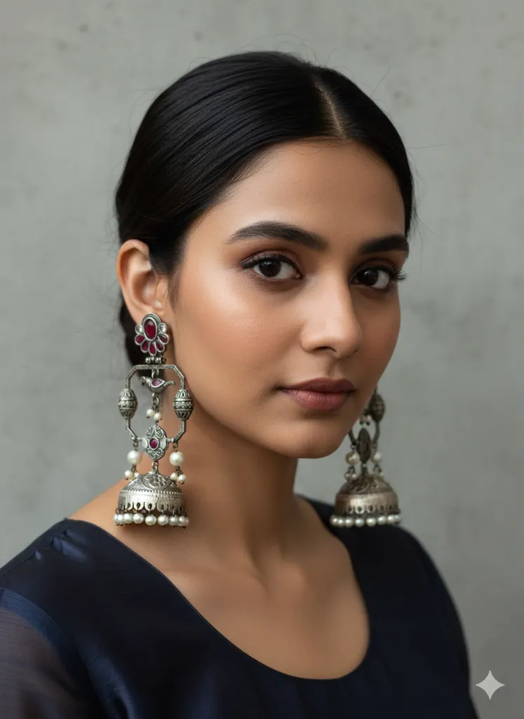 Royal Floral Jhumkas: Oxidized Silver & Ruby-Red Stone Statement Earrings