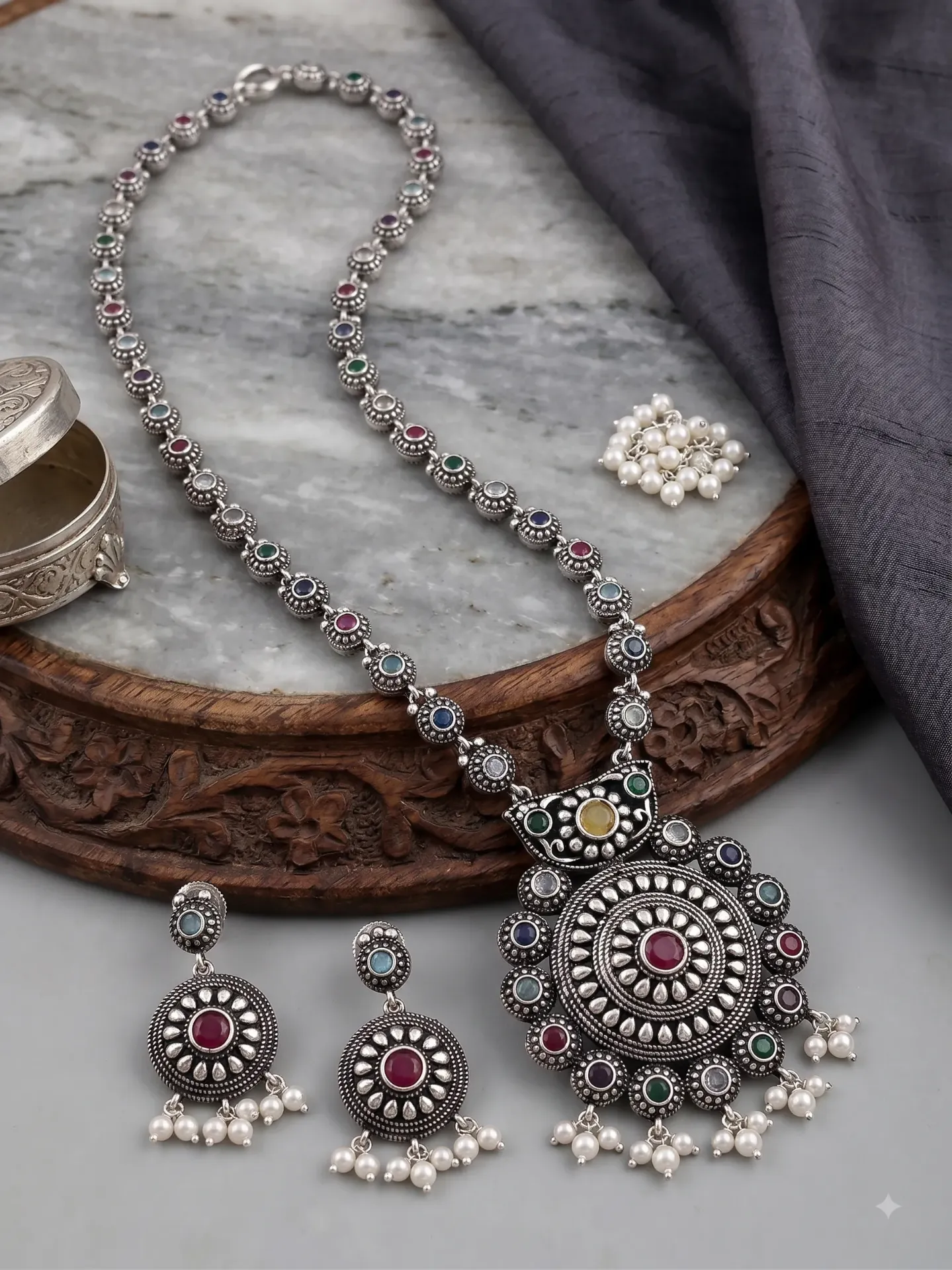 Multi-Color Navratna-Inspired Oxidized Long Necklace Set with Pearl Droplets