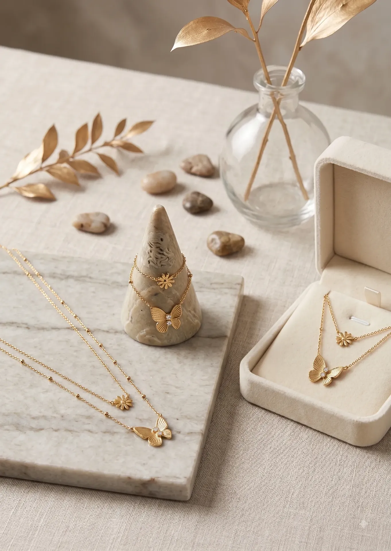 Elegant Gold Layered Necklace with Butterfly & Floral Pendant