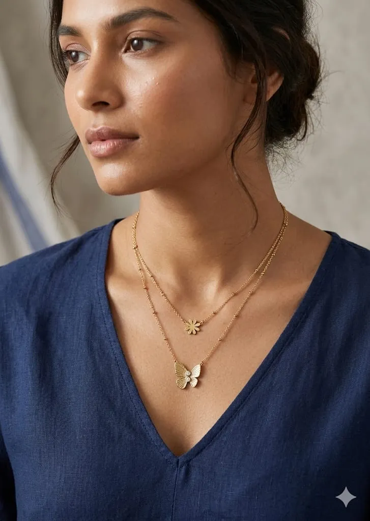 Elegant Gold Layered Necklace with Butterfly & Floral Pendant