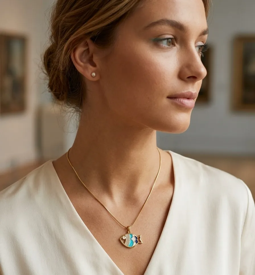 Gold-Toned Blue Enamel Fish Pendant Necklace