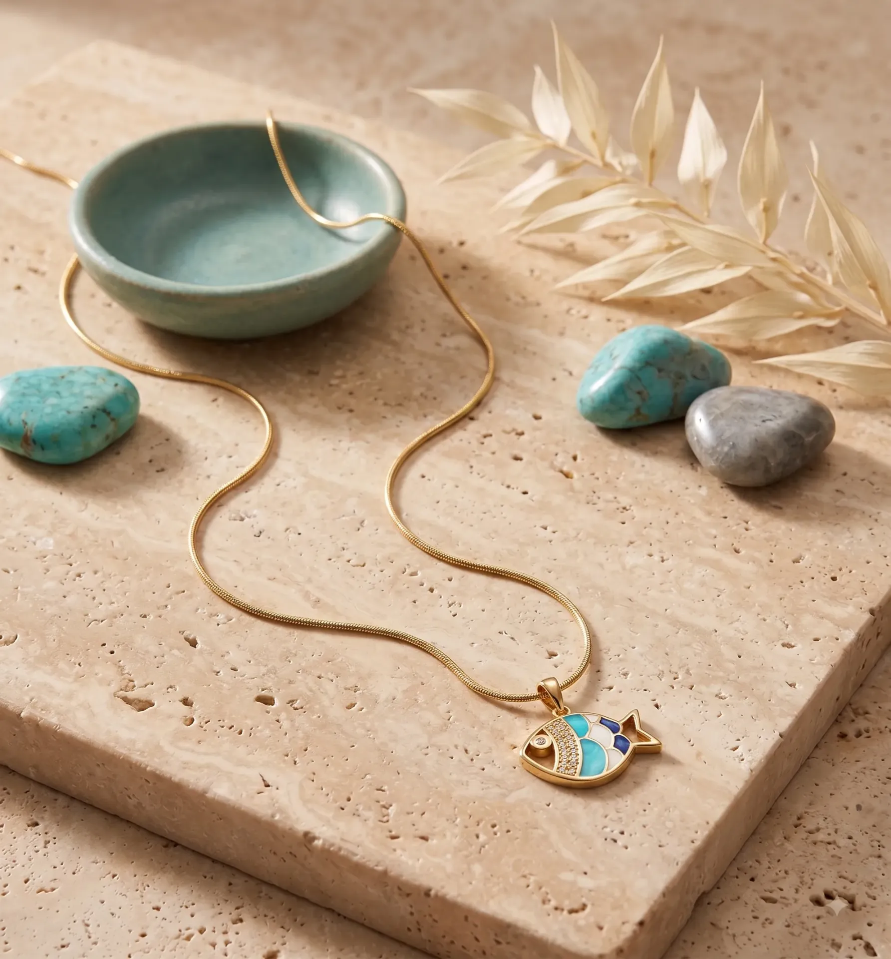 Gold-Toned Blue Enamel Fish Pendant Necklace